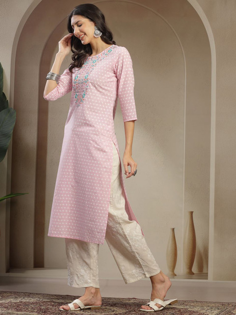 Sangria Women Ethnic Motifs Printed Thread Work Embroidered Cotton Straight Kurta