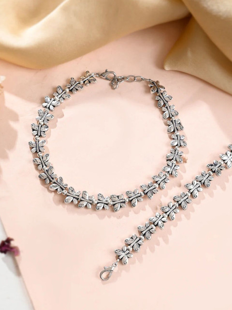 HIGH TRENDZ Set Of 2 Silver-Plated Artificial Beaded Anklets