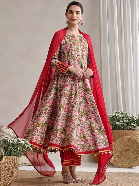 Khushal K Floral Printed Notch Neck Anarkali Kurta With Palazzos & Dupatta