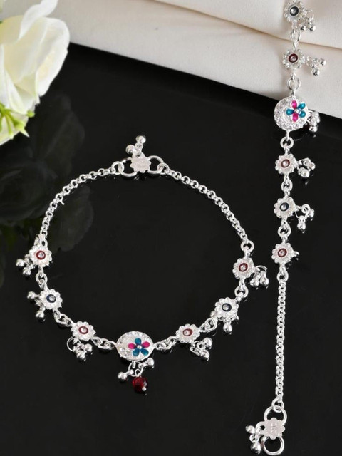 Anouk Set Of 2 Silver-Plated Stone Studded Circular Shaped Anklet