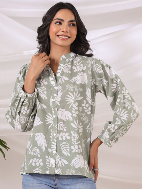 Jaipur Morni Floral Printed Mandarin Collar Puff Sleeves Cotton Shirt Style Crop Top