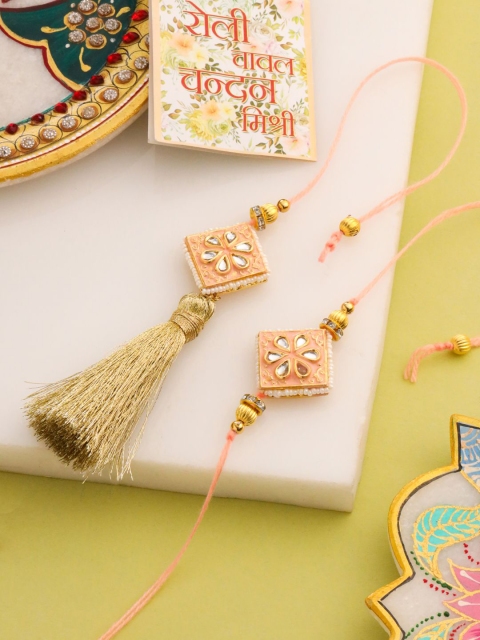 Sangria Kundan Studded Bhaiya Bhabhi Rakhi With Roli Chawal Chandan & Mishri