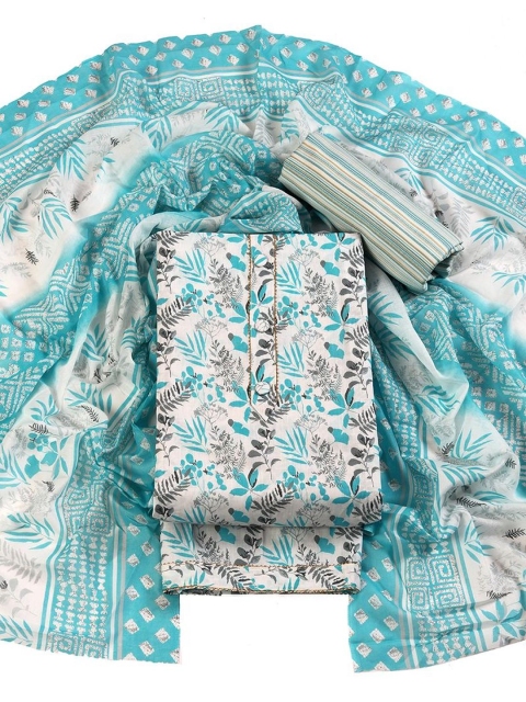 Blue Soft Cotton Floral Printed Unsticthed Dress Material - Image 3