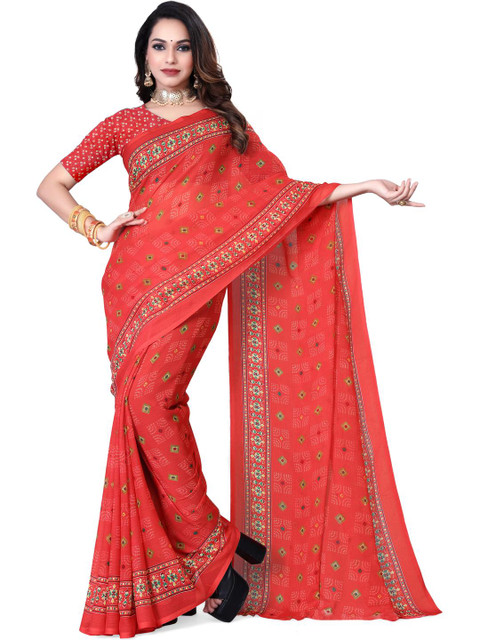 HARIOM FASHION Red Lycra Sarees