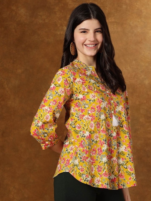 HERE&NOW Women Floral Printed Mandarin Collar Cotton Top - Image 4