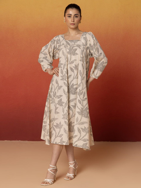 Bannos Swagger Women Ethnic Motifs Puff Sleeve A-Line Midi Dress