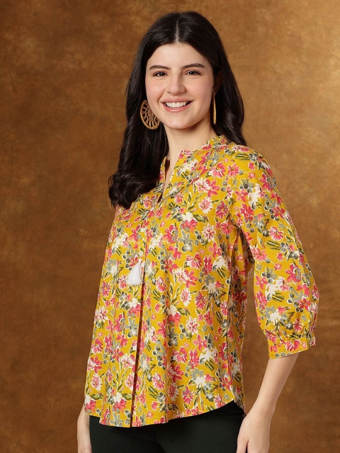 HERE&NOW Women Floral Printed Mandarin Collar Cotton Top - Image 5