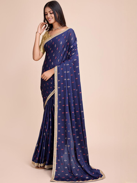 HARIOM FASHION Navy Blue Floral Printed Saree