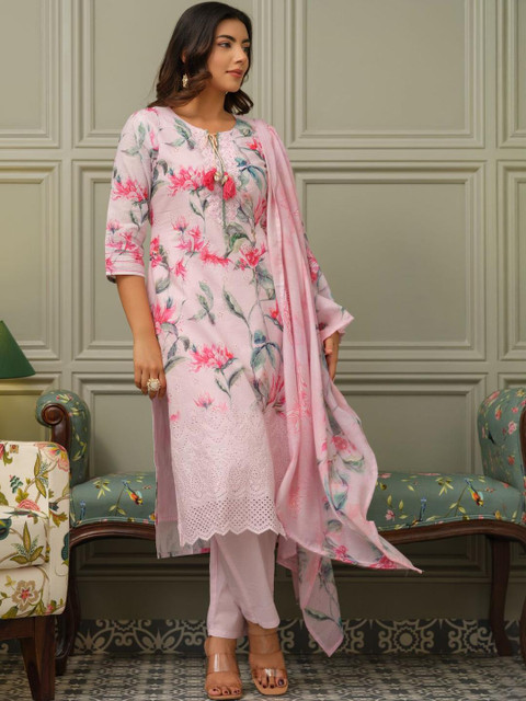 Sangria Women Floral Printed Cotton Kurta with Trousers & Dupatta - Image 2