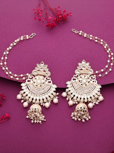 Anouk Gold-Plated Kundan Studded & Pearls Beaded Dome Shaped Jhumkas With Ear Chain - Image 4