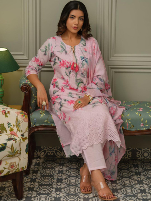 Sangria Women Floral Printed Cotton Kurta with Trousers & Dupatta