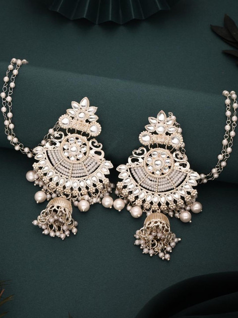 Anouk Gold-Plated Kundan Studded & Pearls Beaded Dome Shaped Jhumkas With Ear Chain - Image 5