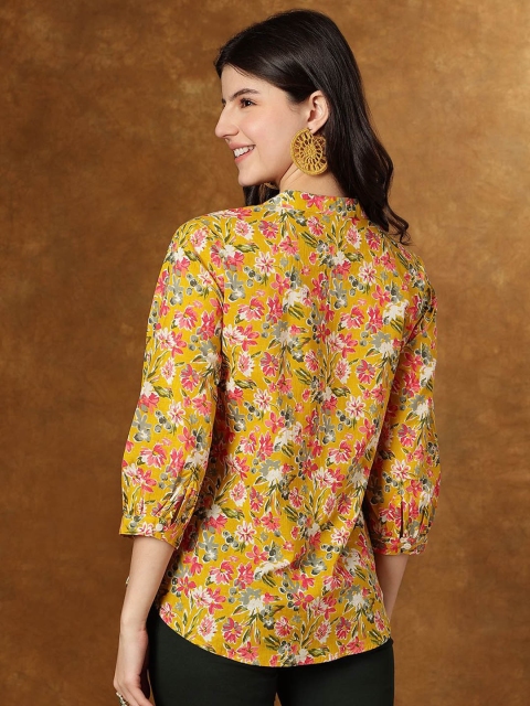 HERE&NOW Women Floral Printed Mandarin Collar Cotton Top - Image 6