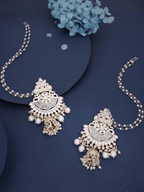 Anouk Gold-Plated Kundan Studded & Pearls Beaded Dome Shaped Jhumkas With Ear Chain