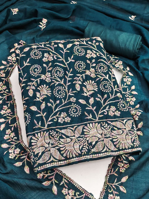 Rangtulika Ethnics Floral Embroidered Thread Work Pure Silk Unstitched Dress Material