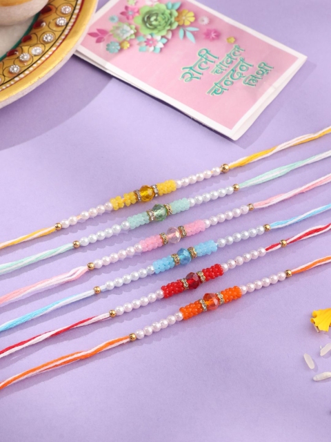 Sangria Set Of 6 Stones Studded & Pearls Beaded Thread Rakhis With Roli Chawal Chandan