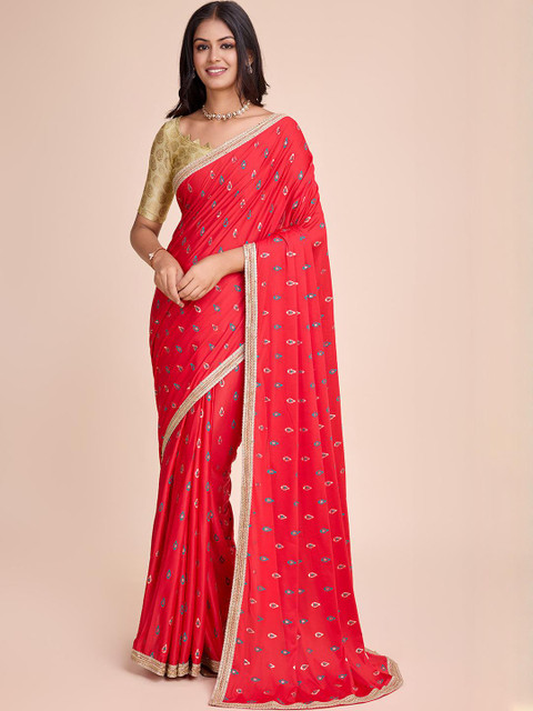 HARIOM FASHION Red Lycra Sarees