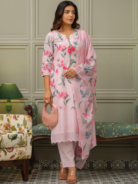 Sangria Women Floral Printed Cotton Kurta with Trousers & Dupatta - Image 4