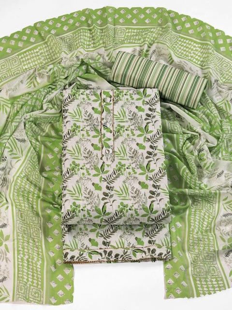Green Soft Cotton Floral Printed Unsticthed Dress Material - Image 3