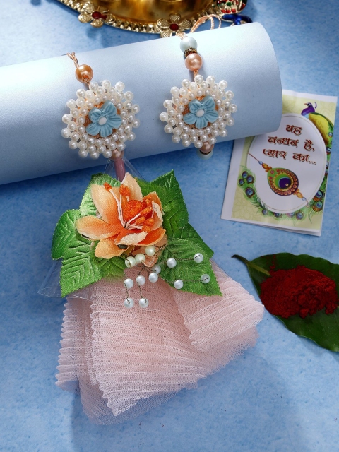 Sangria Pearls Beaded Bhaiya Bhabi Rakhi With Roli Chawal Chandan Mishri