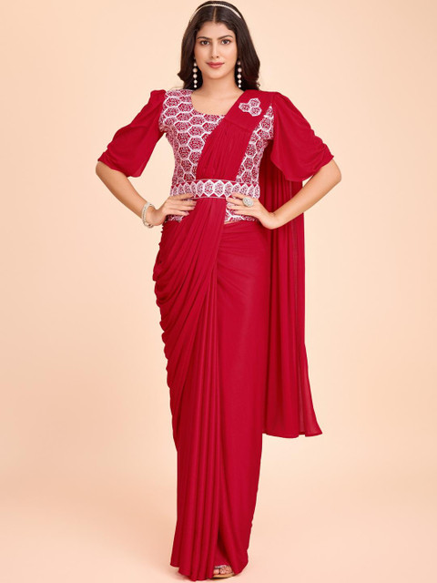 HARIOM FASHION Red Lycra Sarees