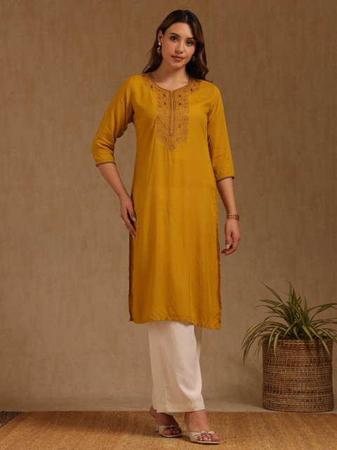 Soch Floral Embroidered Thread Work Thread Work Round Neck Straight Kurta