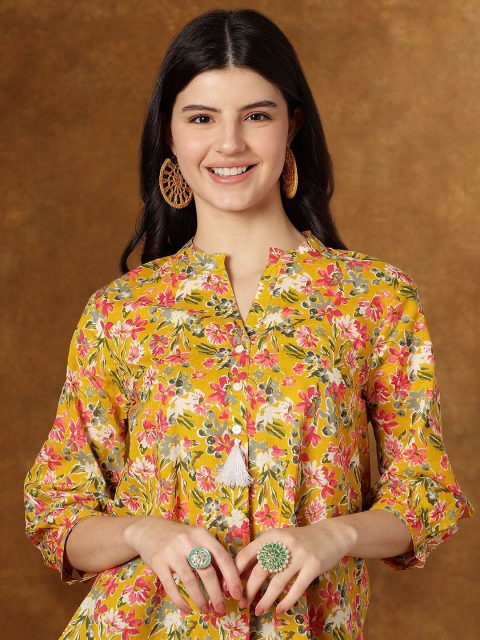 HERE&NOW Women Floral Printed Mandarin Collar Cotton Top - Image 3