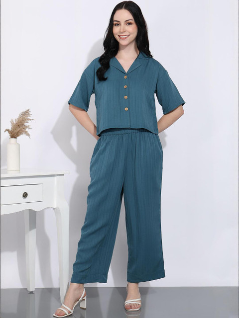 HERE&NOW Viscose Rayon Shirt Collar Short Sleeves Co-Ords