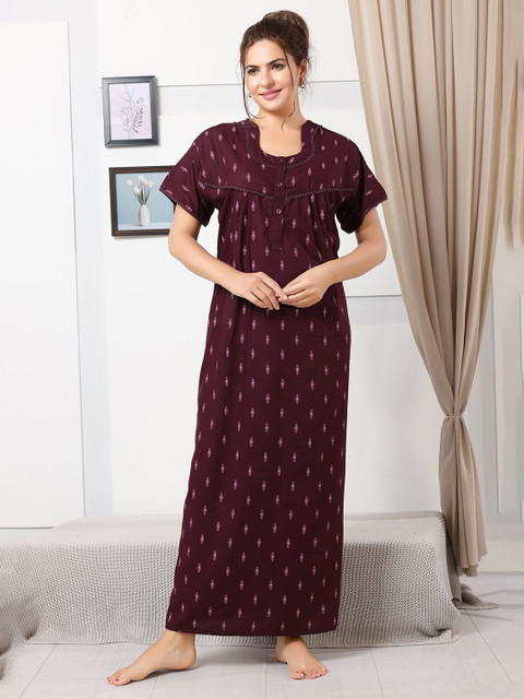 EASY MOM Women Ethnic Motifs Printed Maxi Nightdress