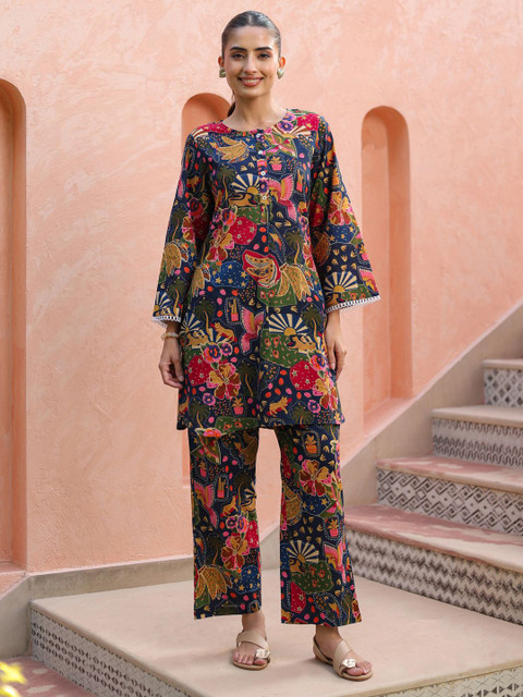 Rain & Rainbow Printed Round Neck Pure Cotton Tunic With Trousers Co-Ords Set
