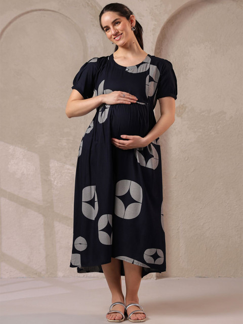 NIGHTSPREE Women Abstract Printed Maternity Fit & Flare Midi Dress