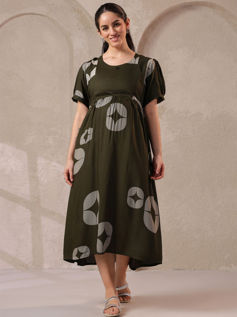NIGHTSPREE Women Abstract Printed Maternity Fit & Flare Midi Dress