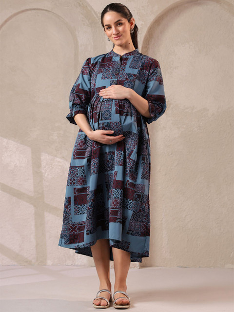 NIGHTSPREE Women Cotton Ethnic Motifs Printed Maternity Fit & Flare Midi Dress