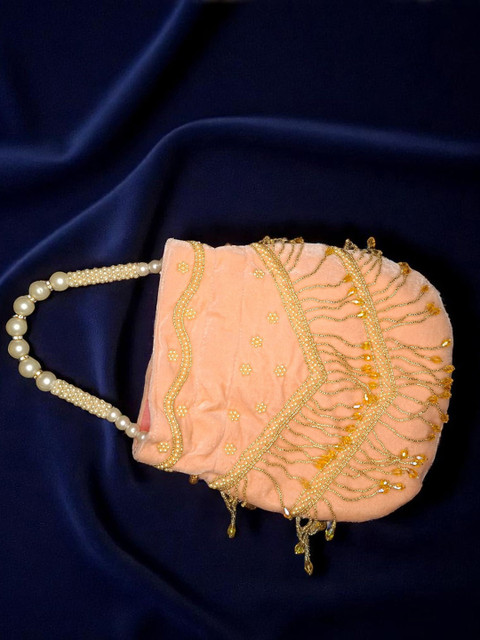 Anandi Peach Embellished Handle & Beaded Tassels Potli Clutch