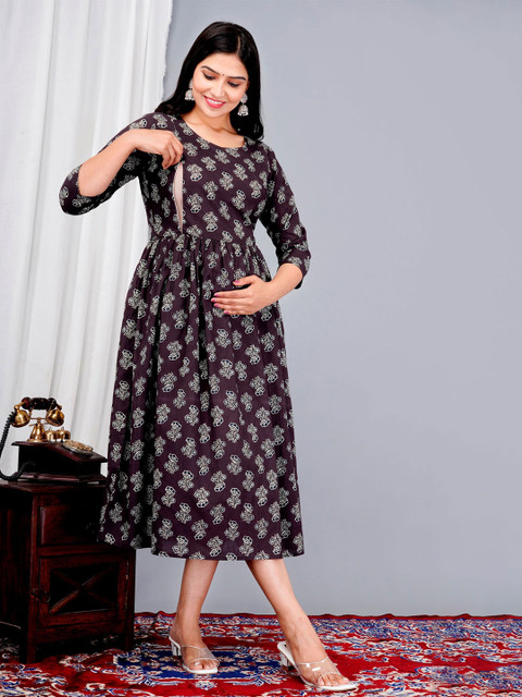 Saanvi Collection Women Floral Printed Maternity Cotton Anarkali Kurta