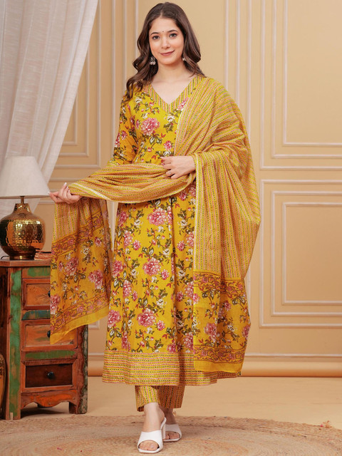 MEERA FAB Floral Printed V-Neck Pure Cotton Anarkali With Trousers & Dupatta