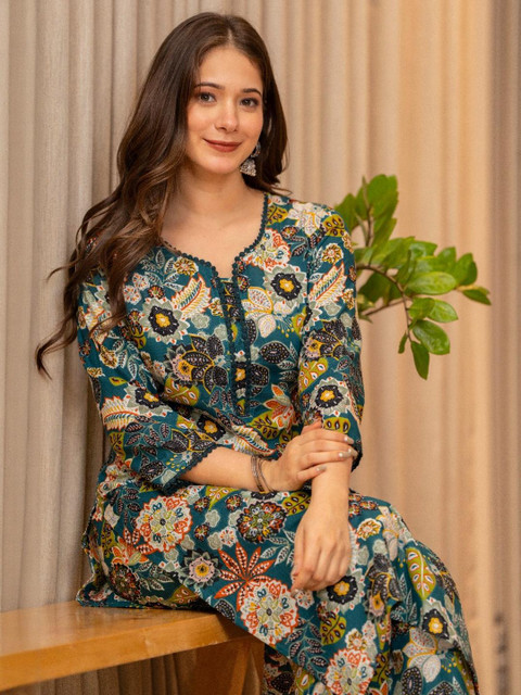 KJFAB Women Green Pure Cotton Kurta Sets