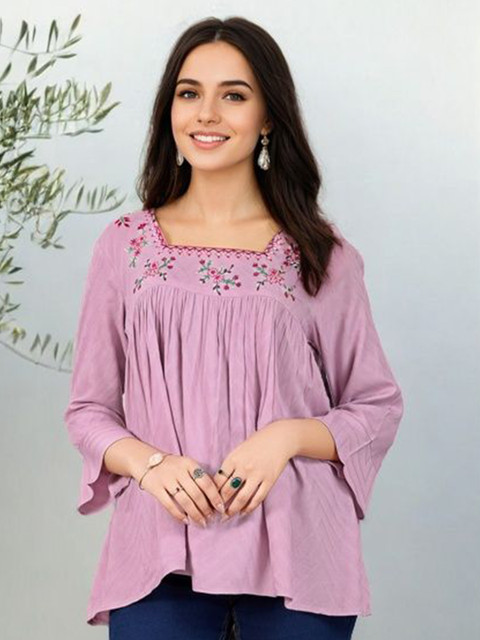 SZN Women Floral Embroidered Bell Sleeve Tiered Top