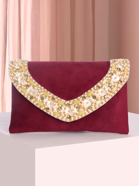 Peora Embellished Velvet Clutch With Shoulder Strap