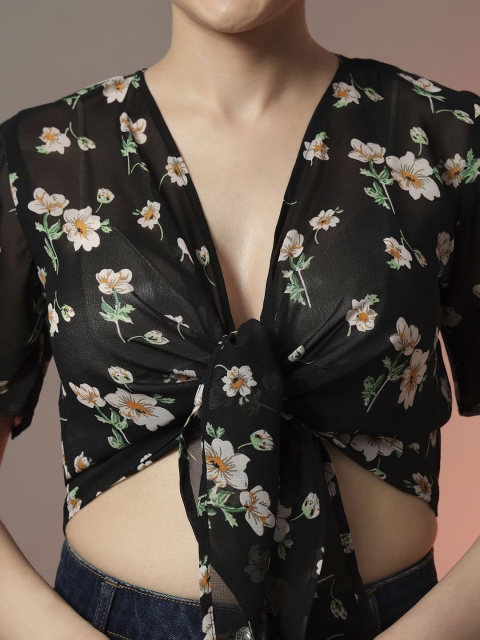 Trend Arrest Floral Printed Cropped Front Tie-Up Shrug - Image 2