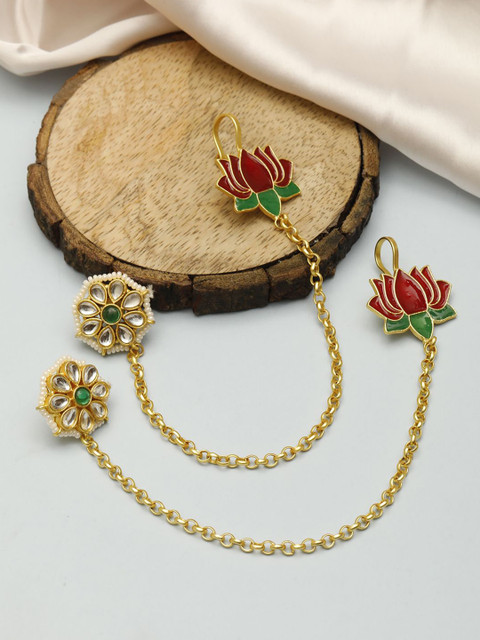 VIVAZS Gold-Plated Kundan Studded Floral Shaped Drop Earrings