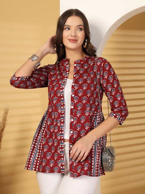 SUBAGI FASHION Floral Printed Mandarin Collar Cotton Short Button Shrug