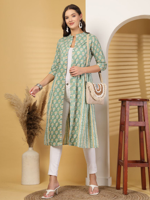 SUBAGI FASHION Floral Printed Mandarin Collar Cotton Long Button Shrug