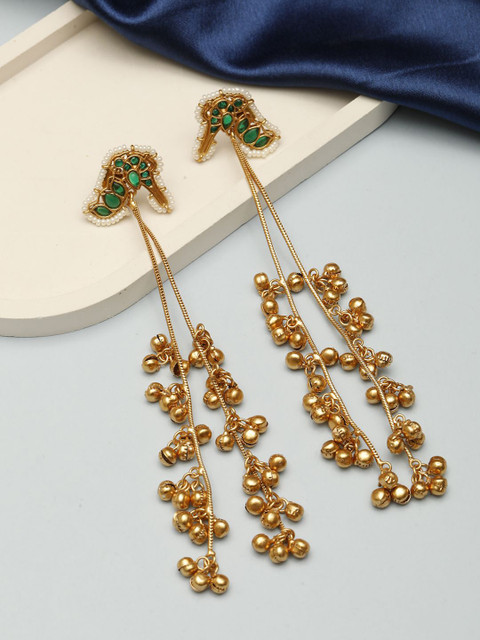 VIVAZS Rose Gold-Plated Kundan Studded & Beaded Peacock Shaped Drop Earrings