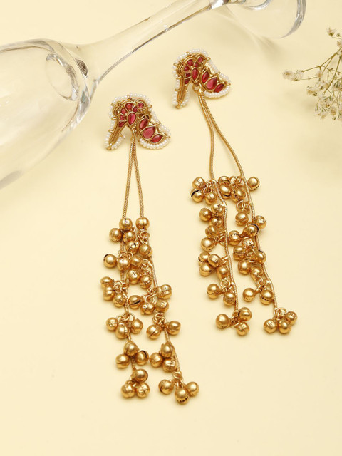 VIVAZS Rose Gold-Plated Kundan Studded And Beaded Contemporary Drop Earrings