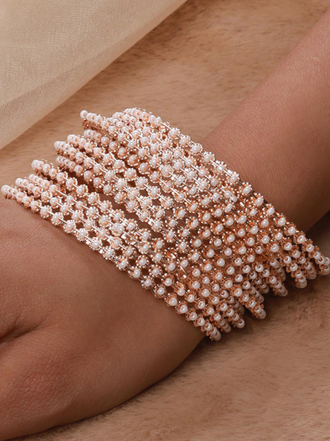 Anouk Set of 12 Rose gold Plated And White Pearls Beaded Bangles