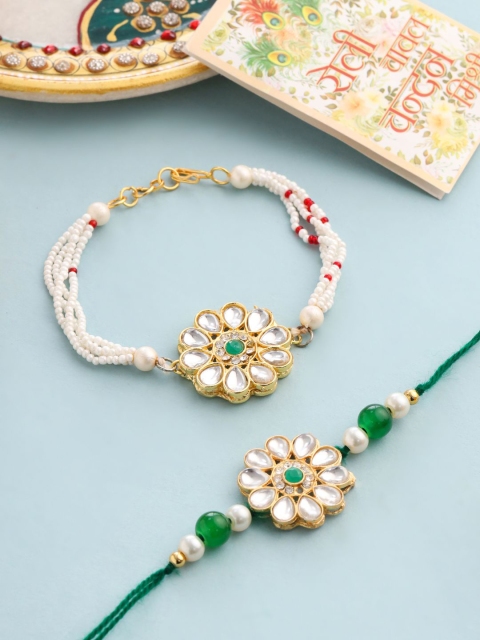 Anouk Kundan Studded Bhaiya Bhabhi Rakhi Set with Roli Chawal Chandan & Mishri