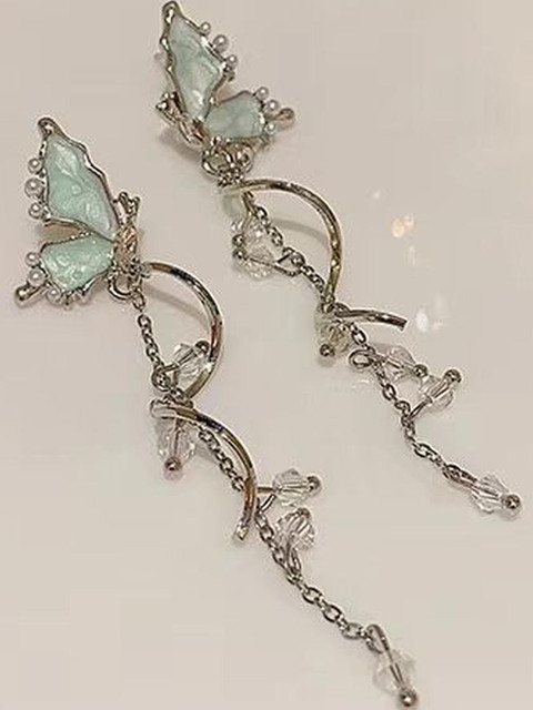 Anouk Silver-Plated Crystals Stones Studded Korean Quirky Shaped Drop Earrings