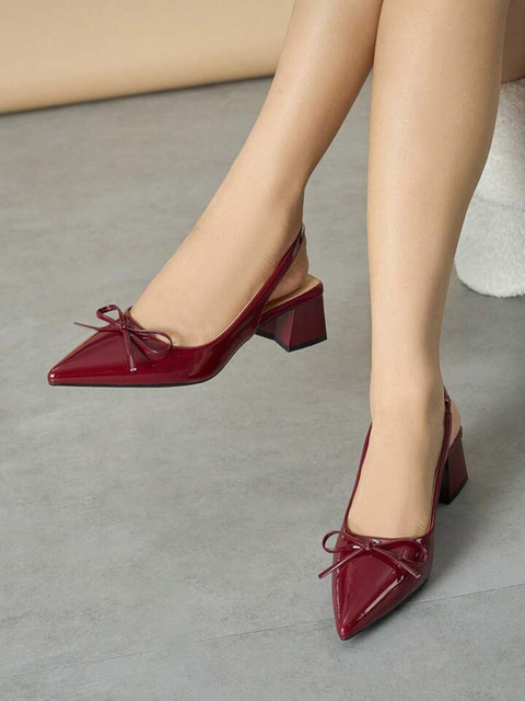 PURPLEHUNT Metallic Block Heel Pumps with Bows