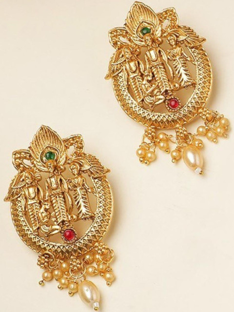 Anouk Gold Plated Artificial Stones Studded & Beaded Temple Contemporary Drop Earrings